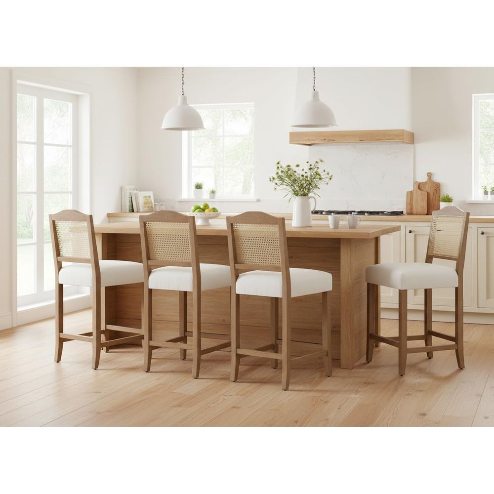 Set of 4 Linen Beige Cane Back - Home Bar Stools ulasan dan harga