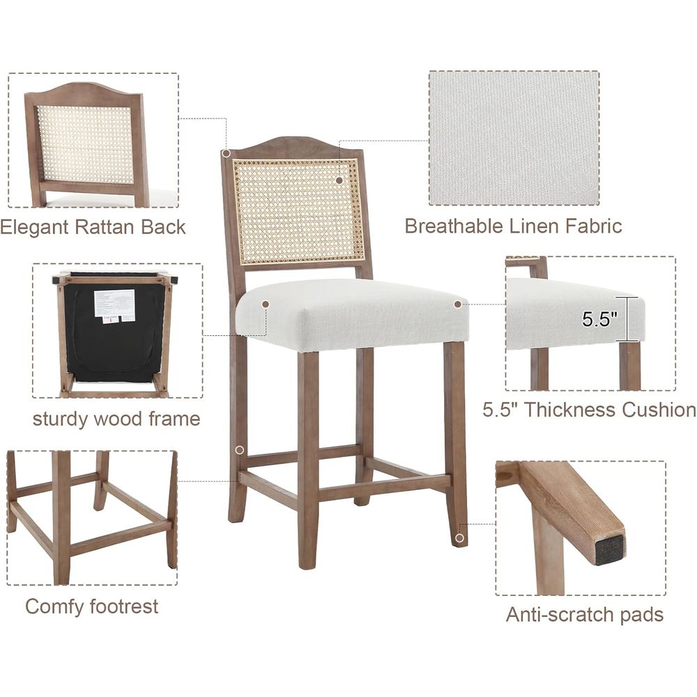 Set of 4 Linen Beige Cane Back - Home Bar Stools ulasan dan harga