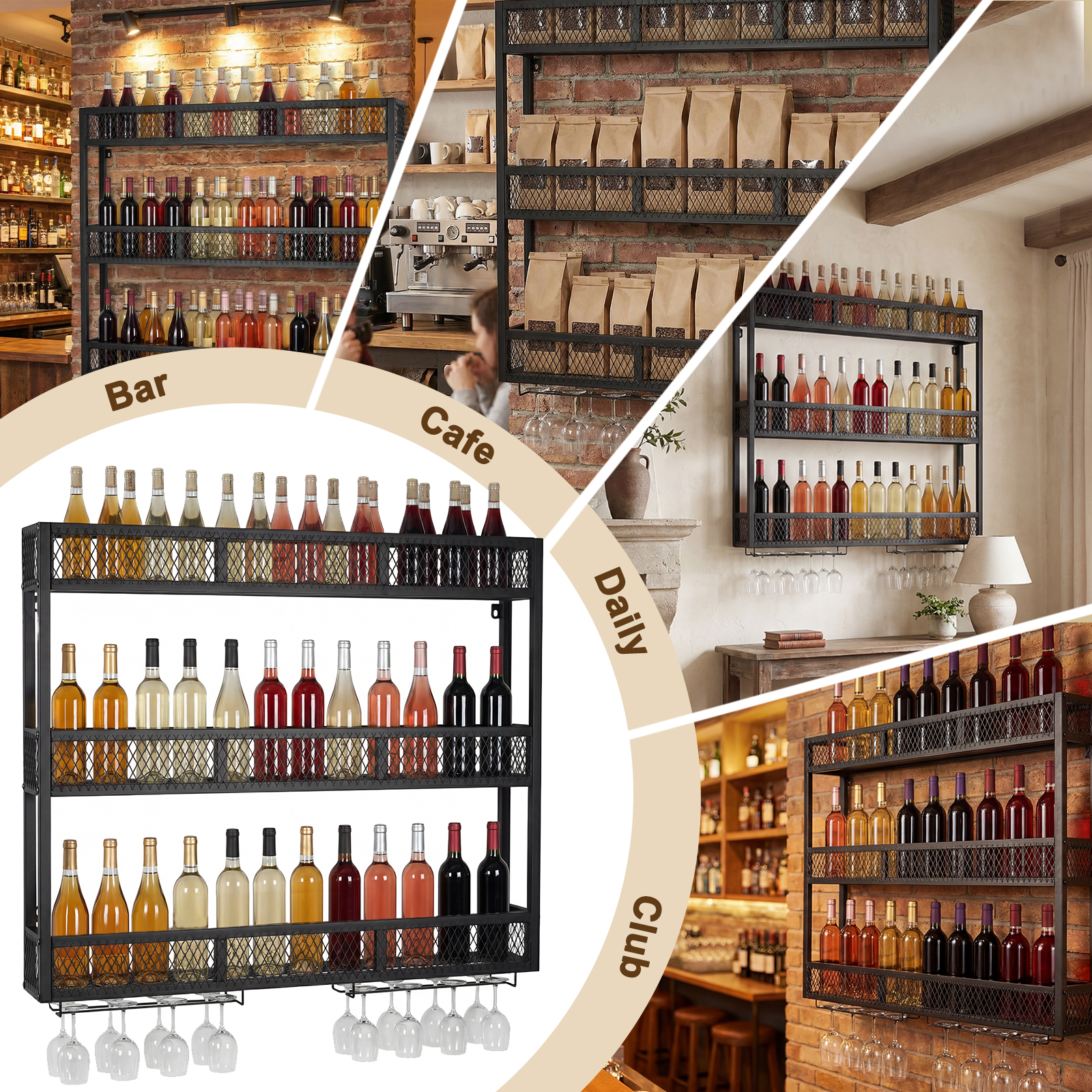 39in 3-Tiers Wall Mounted Wine - Home Bar Shelf ulasan dan harga