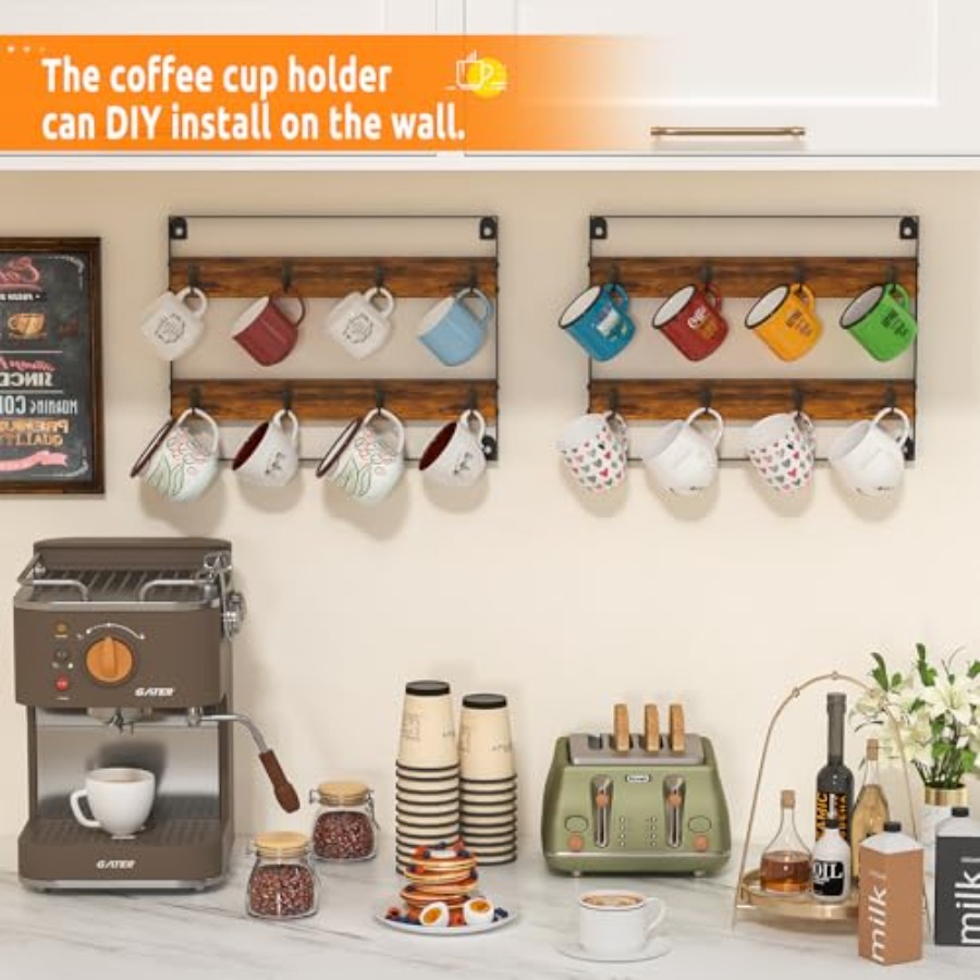 Rustic Wood Coffee Mug Rack -  - Home Bar Shelves ulasan dan harga